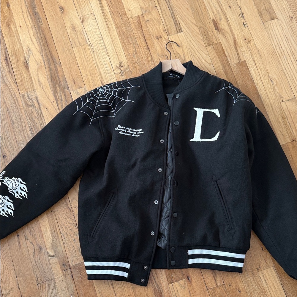 Black Varsity Jacket with Spider Web Design